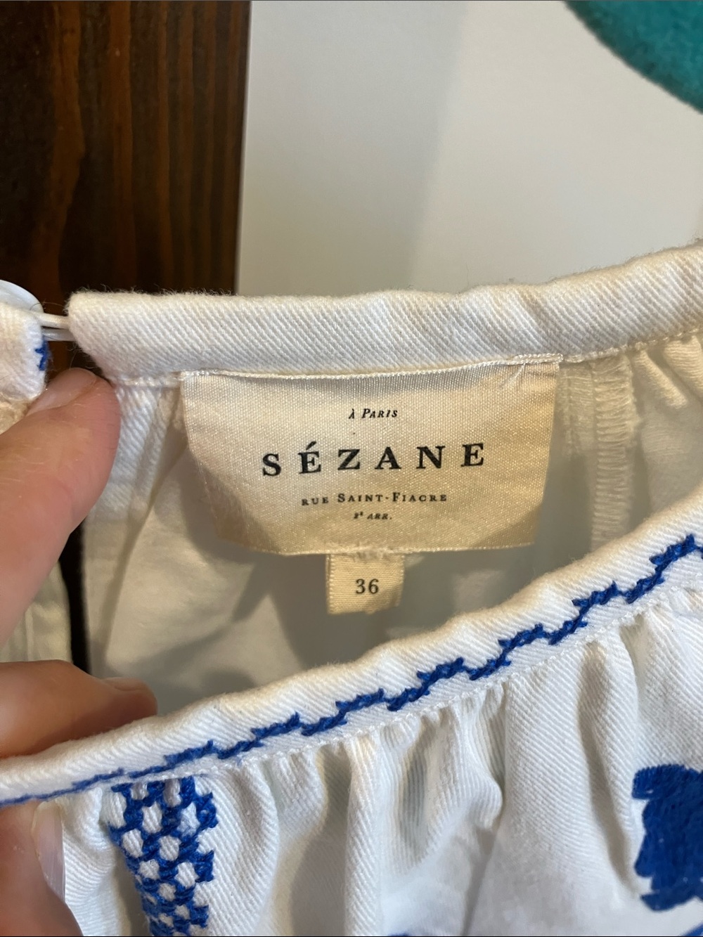 Sezane White Blouse with Cobalt Blue Floral Embroidery - Picture 2 of 2